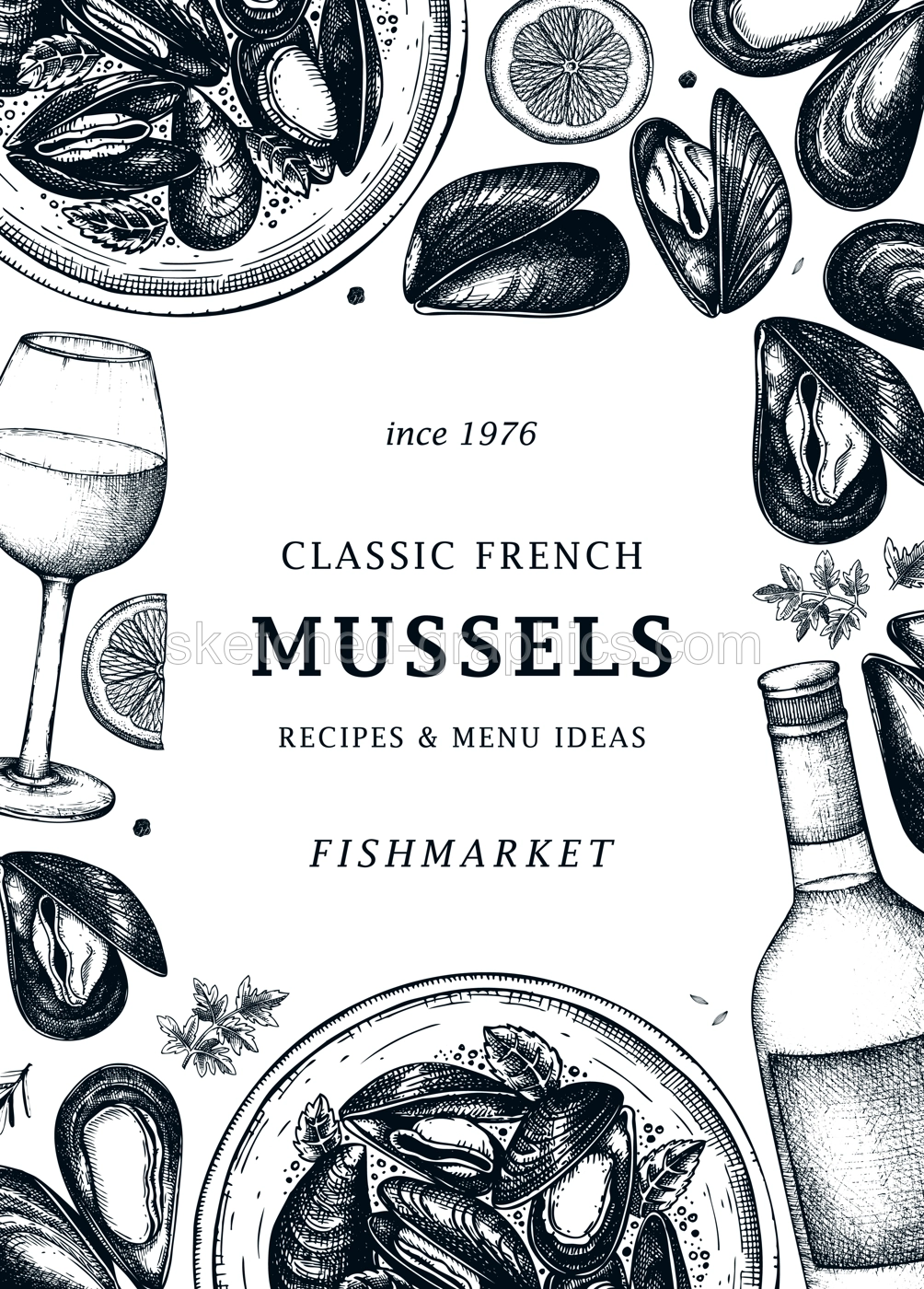 Cooked mussels on plate with herbs and wine illustration. Shellfish and seafood restaurant menu design. Hand drawn mussels sketch banner or card template in vintage style Illustration